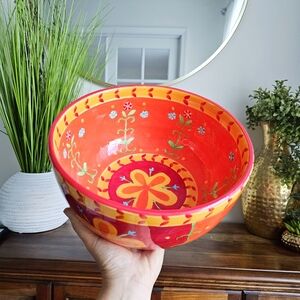 Artisanal Handpainted Large Ceramic Serving Vibrant Multicolored Floral Bowl